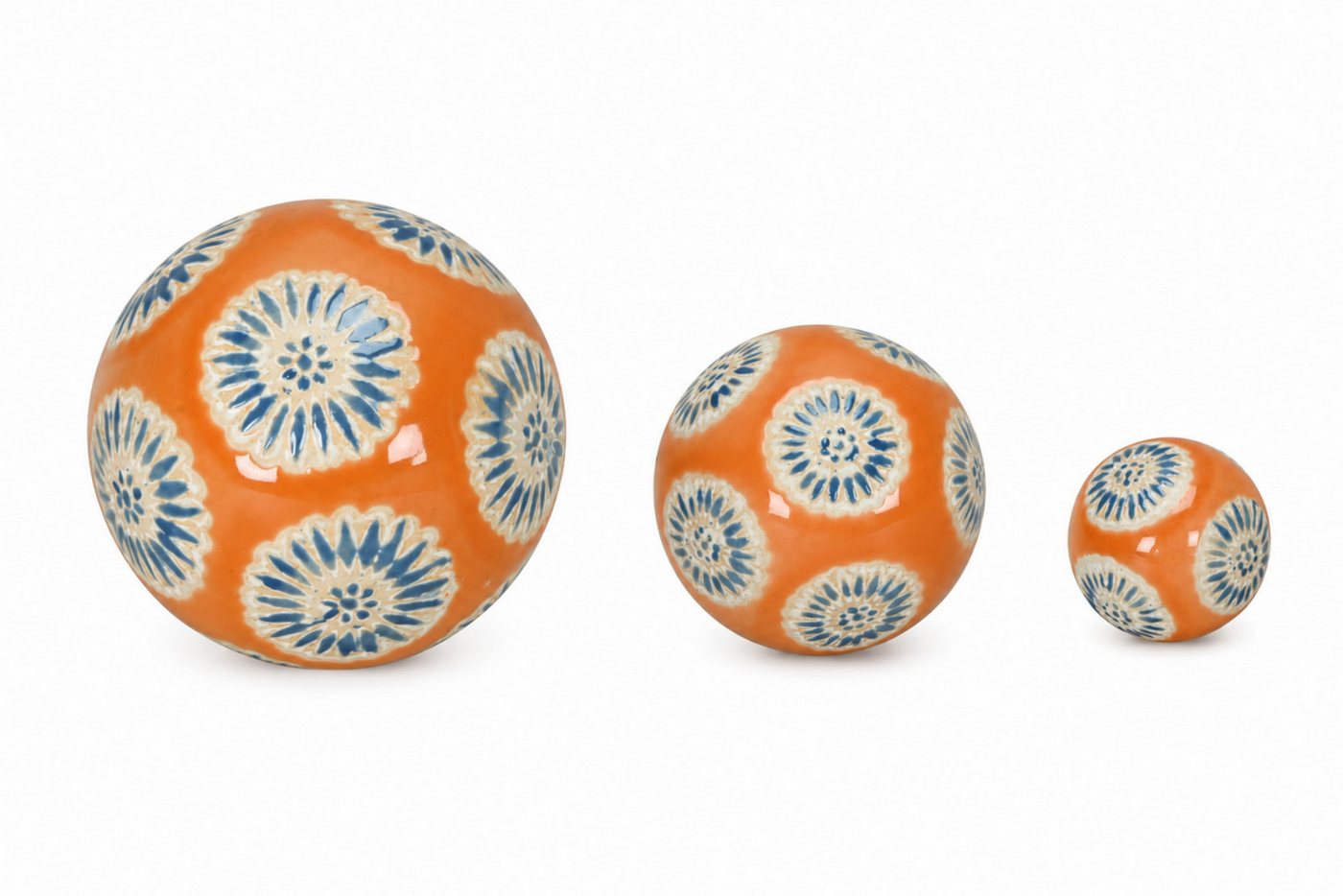 finehomegarden Teichfigur Schwimmkugel orange/blau Ø4cm/Ø6cm/Ø8cm Blüten Porzellan, (Set, 3-St., 3tlg), 3er Set Schwimmende Kugeln für Teich & Wasserschalen Elegante Deko