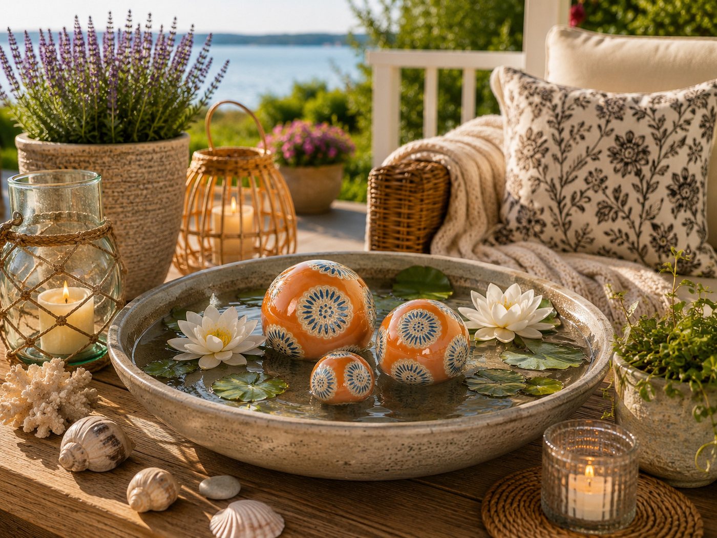 finehomegarden Teichfigur Schwimmkugel orange/blau Ø4cm/Ø6cm/Ø8cm Blüten Porzellan, (Set, 3-St., 3tlg), 3er Set Schwimmende Kugeln für Teich & Wasserschalen Elegante Deko Bild 2