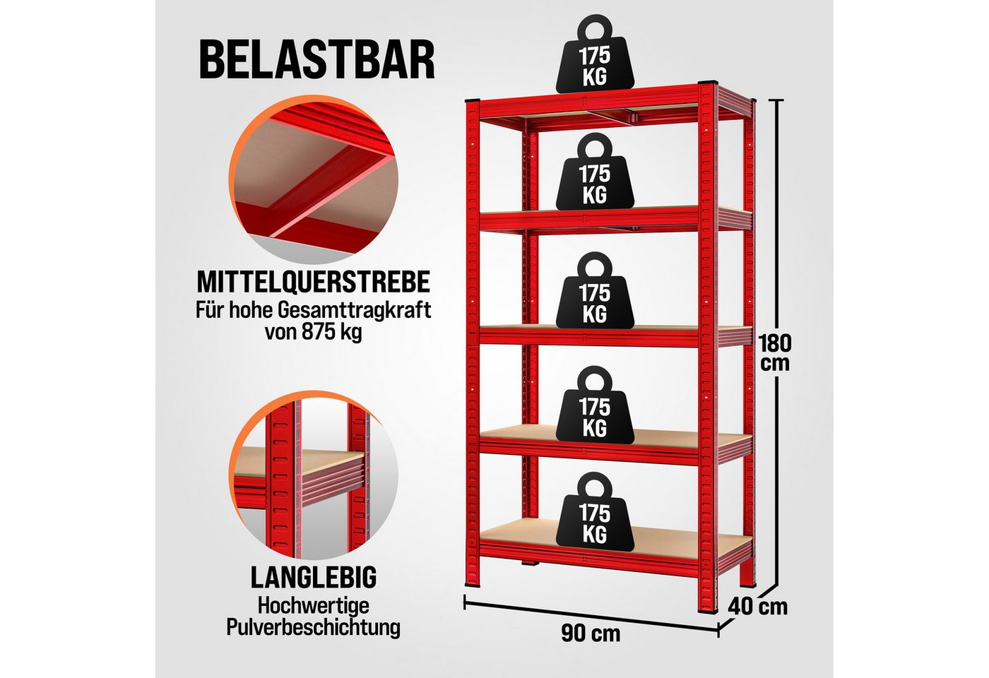 monzana Schwerlastregal, 180x90x40cm 875kg rot 5 MDF-Platten Lagerregal Kellerregal Steckregal