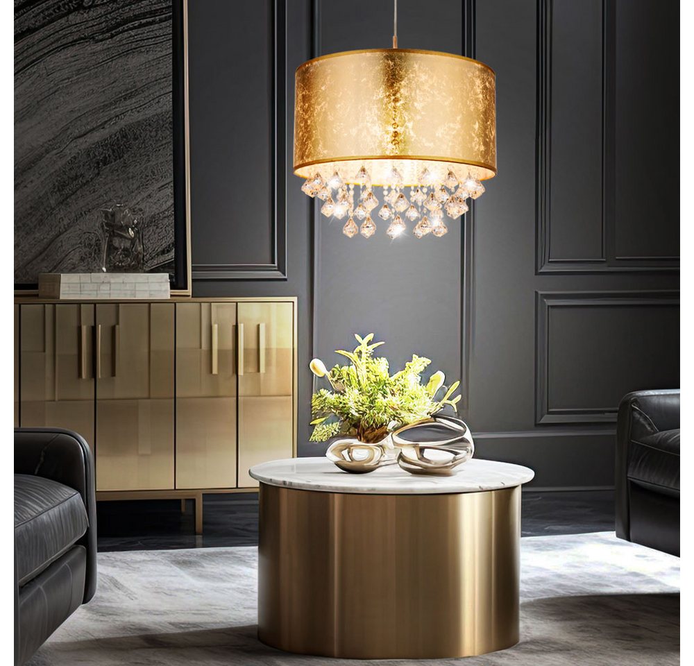 GLOBO LIGHTING LED Pendelleuchte, Leuchtmittel inklusive, Warmweiß, Hängelampe Esstischleuchte Pendellampe Textil gold Kristalle LED 140cm