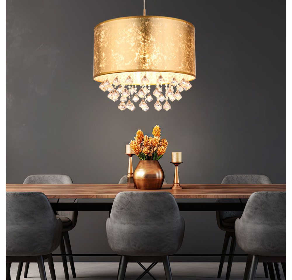 GLOBO LIGHTING LED Pendelleuchte, Leuchtmittel inklusive, Warmweiß, Hängelampe Esstischleuchte Pendellampe Textil gold Kristalle LED 140cm Bild 3