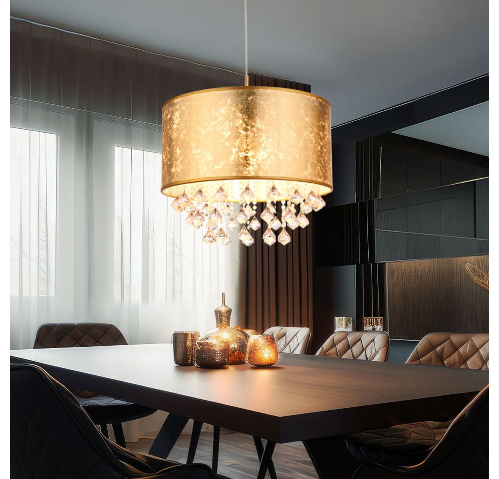 GLOBO LIGHTING LED Pendelleuchte, Leuchtmittel inklusive, Warmweiß, Hängelampe Esstischleuchte Pendellampe Textil gold Kristalle LED 140cm Bild 4