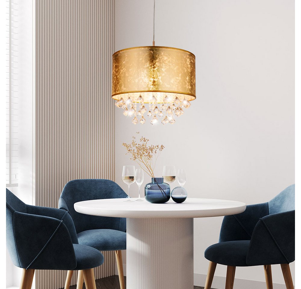 GLOBO LIGHTING LED Pendelleuchte, Leuchtmittel inklusive, Warmweiß, Hängelampe Esstischleuchte Pendellampe Textil gold Kristalle LED 140cm Bild 5