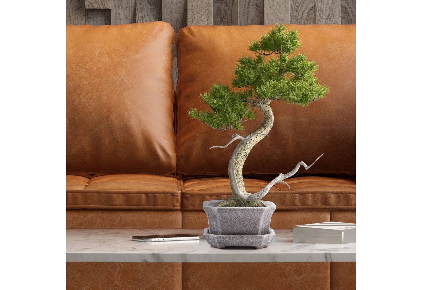 HappySeed Pflanzschale Bonsai Schale aus Keramik mit Untersetzer in Grau - 11 x 6,5 x 9 cm