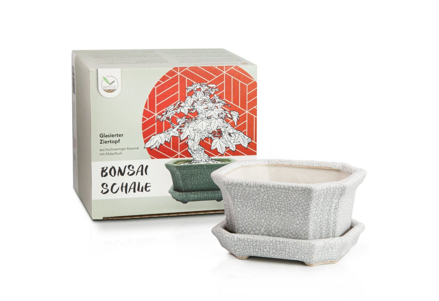 HappySeed Pflanzschale Bonsai Schale aus Keramik mit Untersetzer in Grau - 11 x 6,5 x 9 cm Bild 2