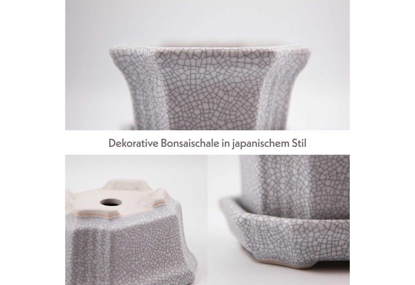 HappySeed Pflanzschale Bonsai Schale aus Keramik mit Untersetzer in Grau - 11 x 6,5 x 9 cm Bild 3