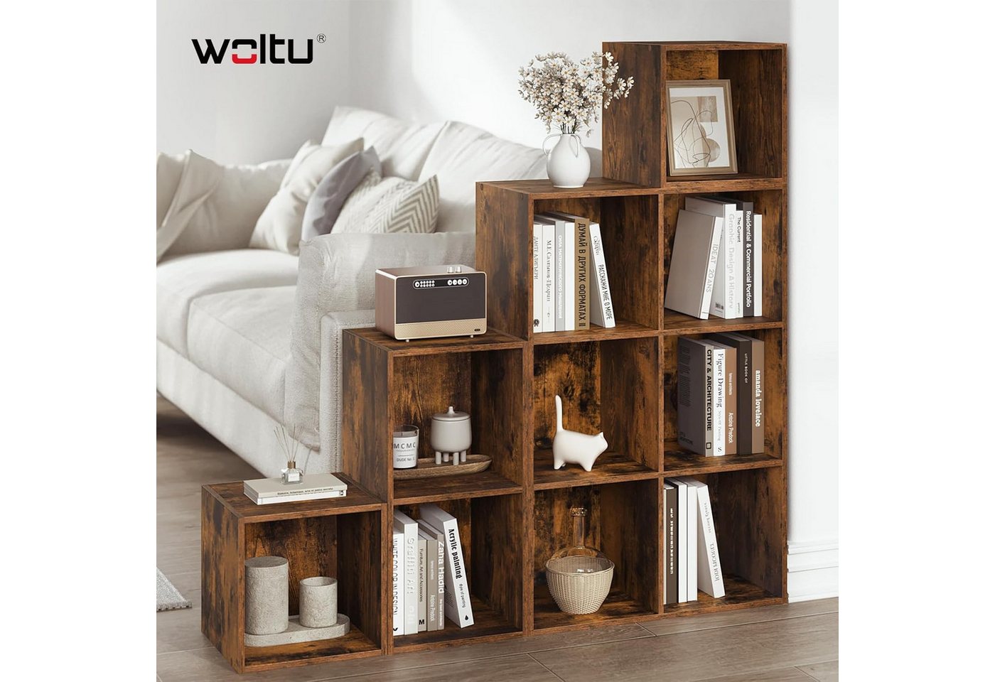 Woltu Bücherregal, 1-tlg., Raumteiler mit 10 Fächern 120x120x30cm