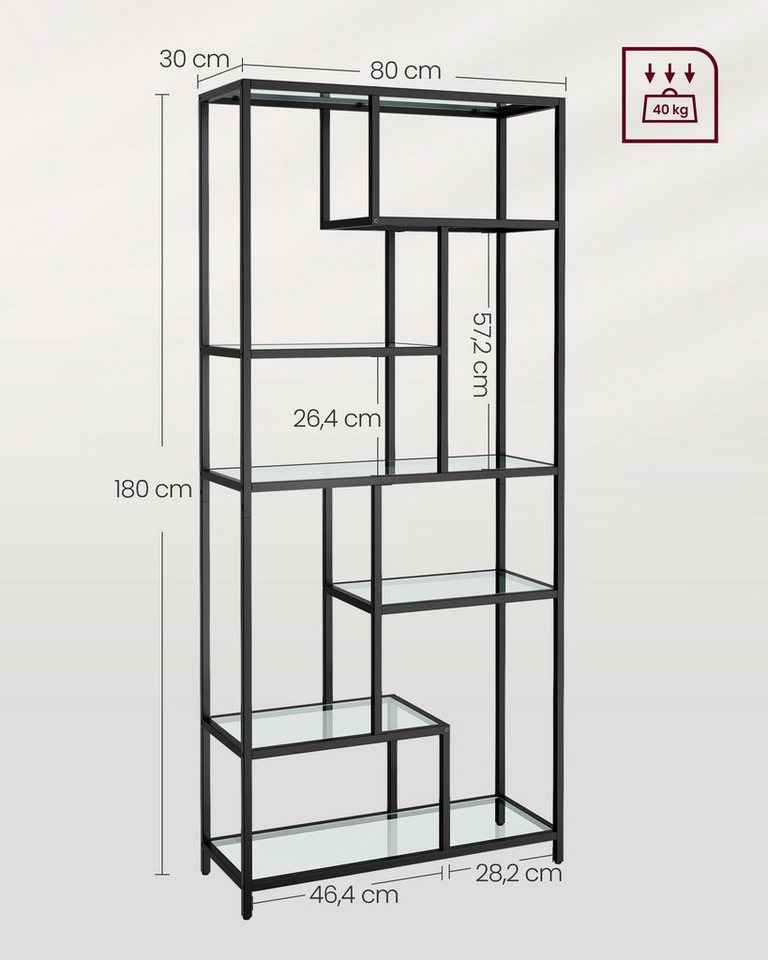 VASAGLE Bücherregal Regal mit 6 Ablagen, Standregal, Ablagen aus Hartglas, 30 x 80 x 180 cm