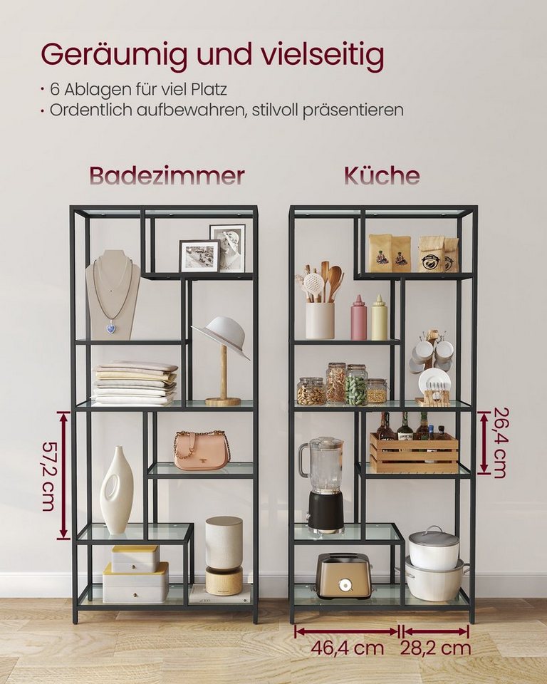 VASAGLE Bücherregal Regal mit 6 Ablagen, Standregal, Ablagen aus Hartglas, 30 x 80 x 180 cm Bild 5