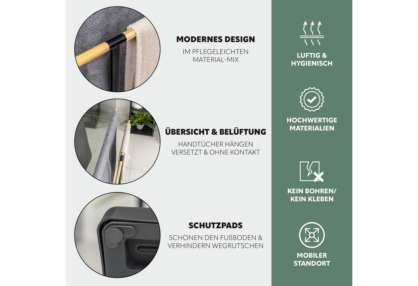 eluno Handtuchstange Stand-Handtuchhalter Handtuchständer freistehend, 2 Stangen Bambus, freistehend