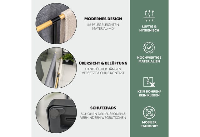 eluno Handtuchstange Stand-Handtuchhalter Handtuchständer freistehend, 2 Stangen Bambus, freistehend