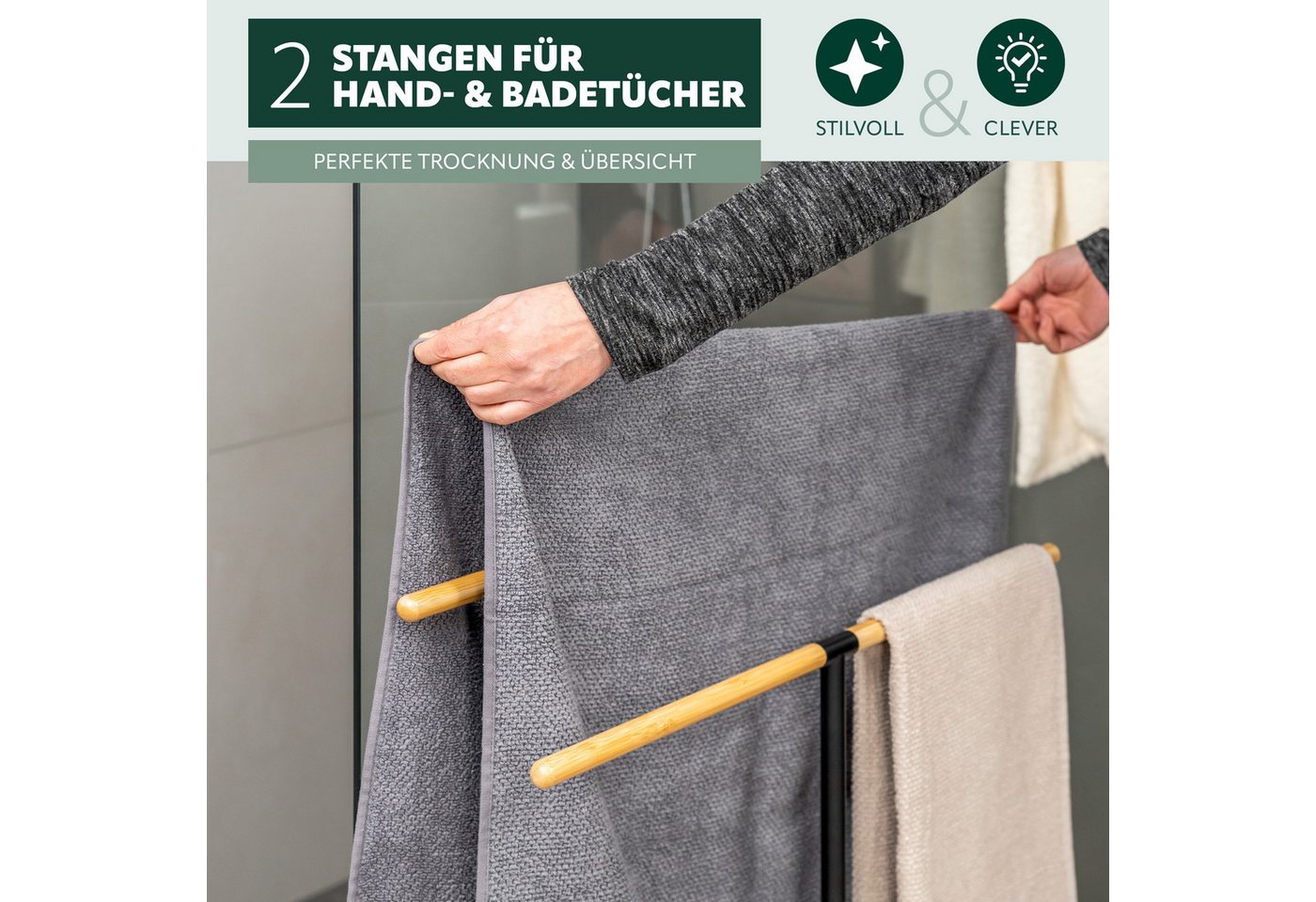 eluno Handtuchstange Stand-Handtuchhalter Handtuchständer freistehend, 2 Stangen Bambus, freistehend Bild 3