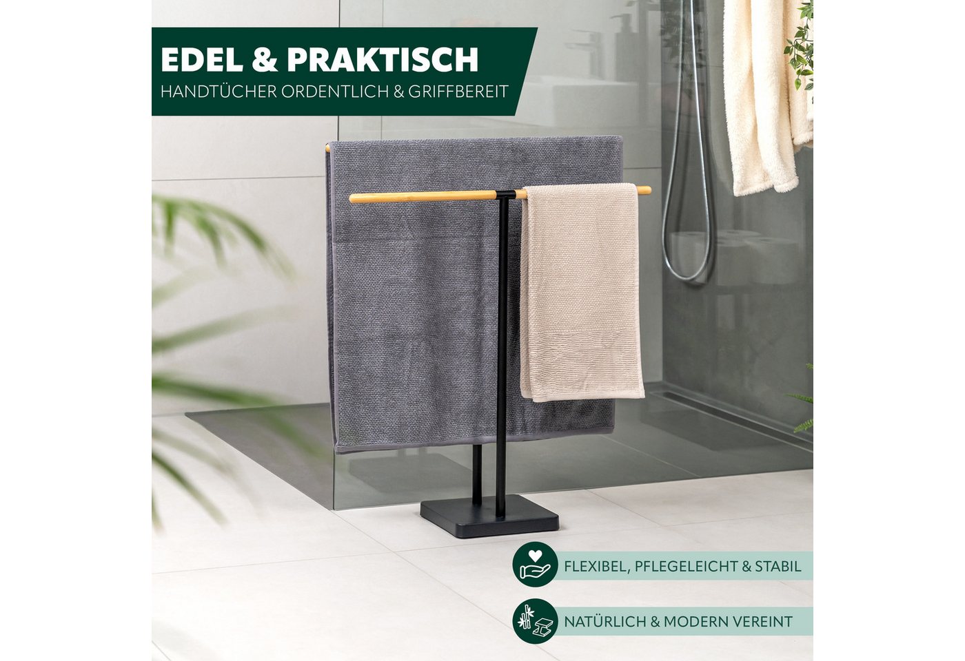 eluno Handtuchstange Stand-Handtuchhalter Handtuchständer freistehend, 2 Stangen Bambus, freistehend Bild 5