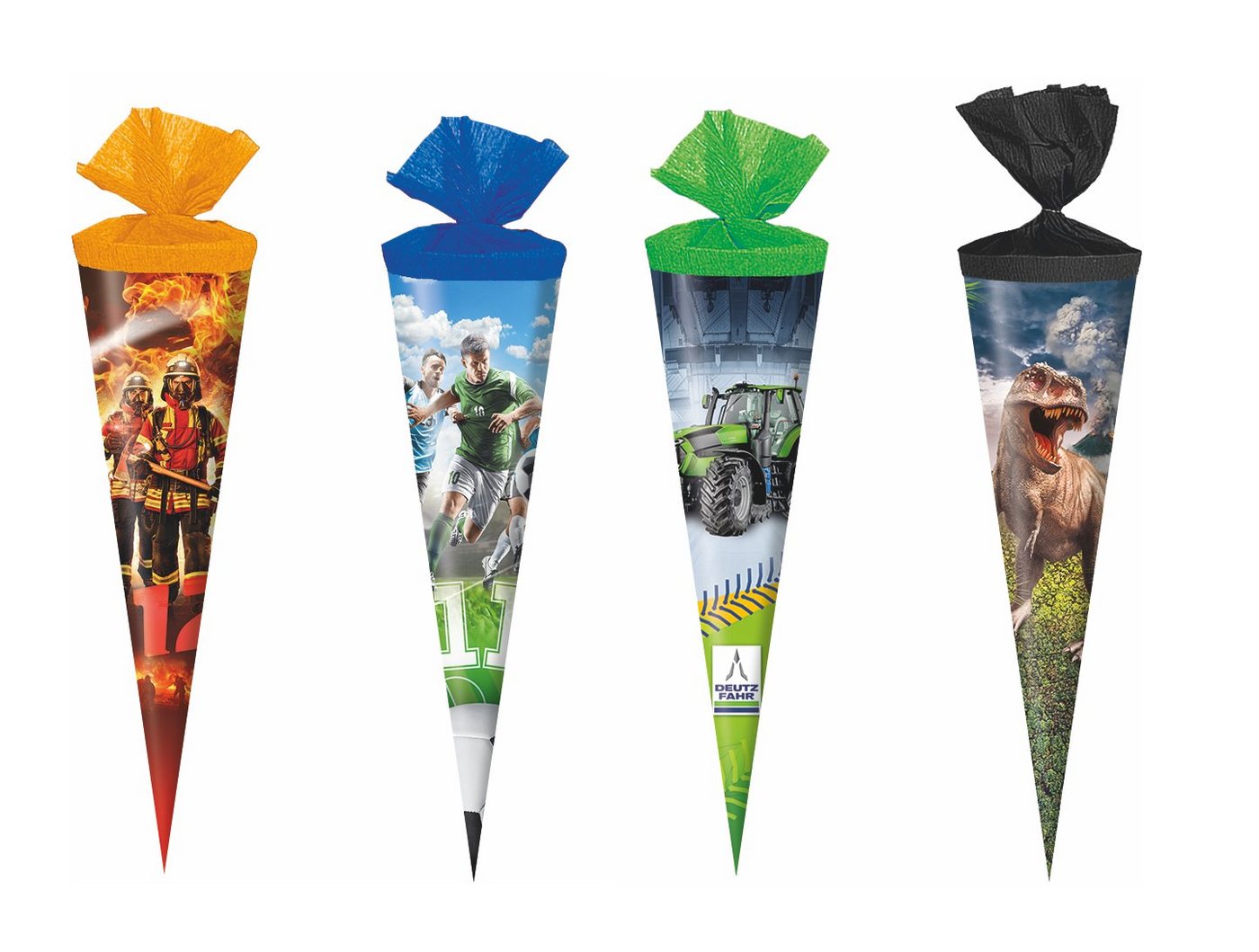 Verpackungsmittel GmbH Markneukirchen Schultüte 4x Schultüte / Zuckertüte / 35cm / je 1x T-Rex, Fußball, Deutz Traktor