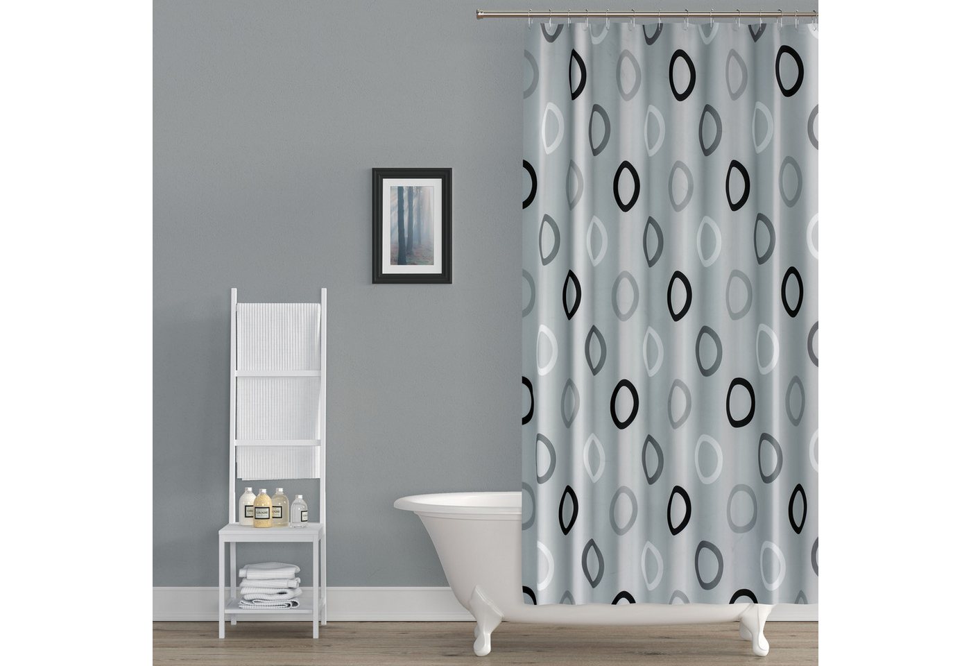Ekershop Duschvorhang Textil Grau mit Weiß Schwarz Kreisen für Duschstange Breite 120 cm (inkl. Ringe), Höhe 200 cm, wasserabweisend, waschbar, bügelbar Bild 2