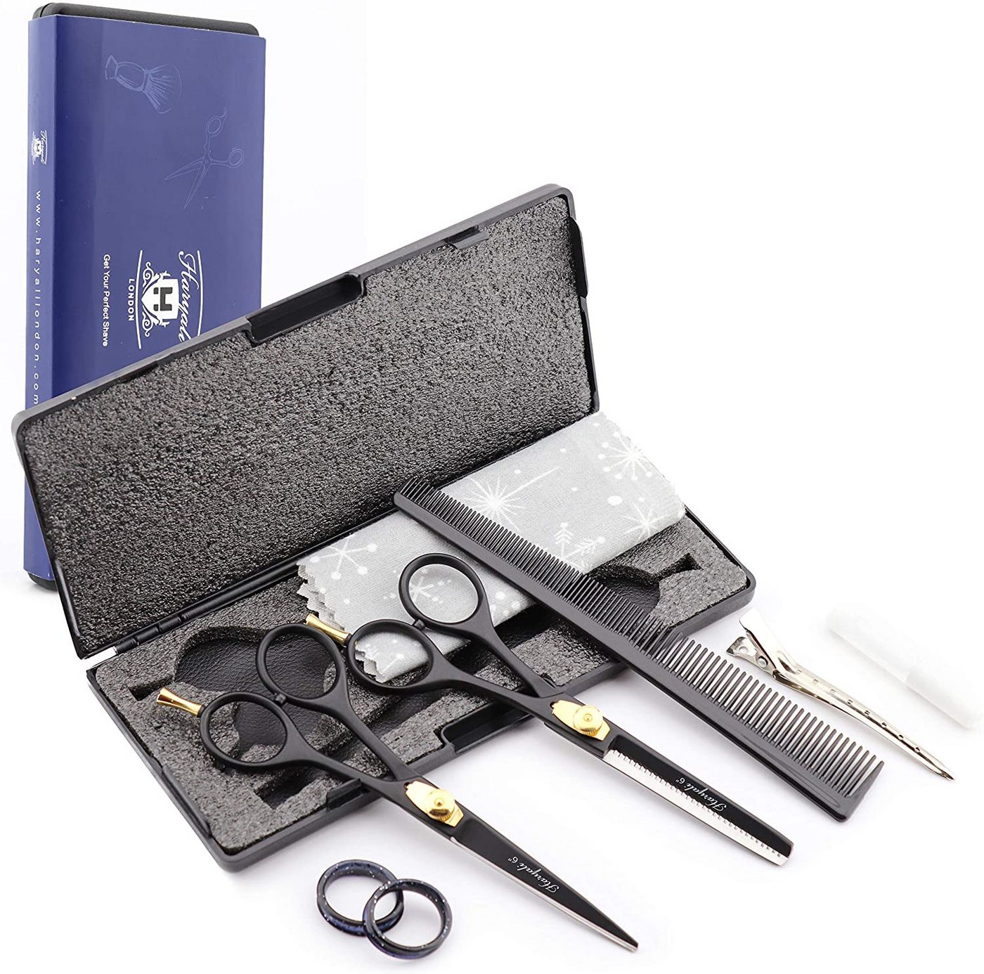 Haryali London Scheren-Set 6-Zoll-Scherenset mit Schneide- und Effilierschere in Schwarzgold, (1 paar, 2-tlg., 1x cutting scissors, 1x Effilierschere, 1x Kamm, 1x Öl, 1x Reinigungstuch), Bestens geeignet für professionelle Friseur- und Kosmetikscheren