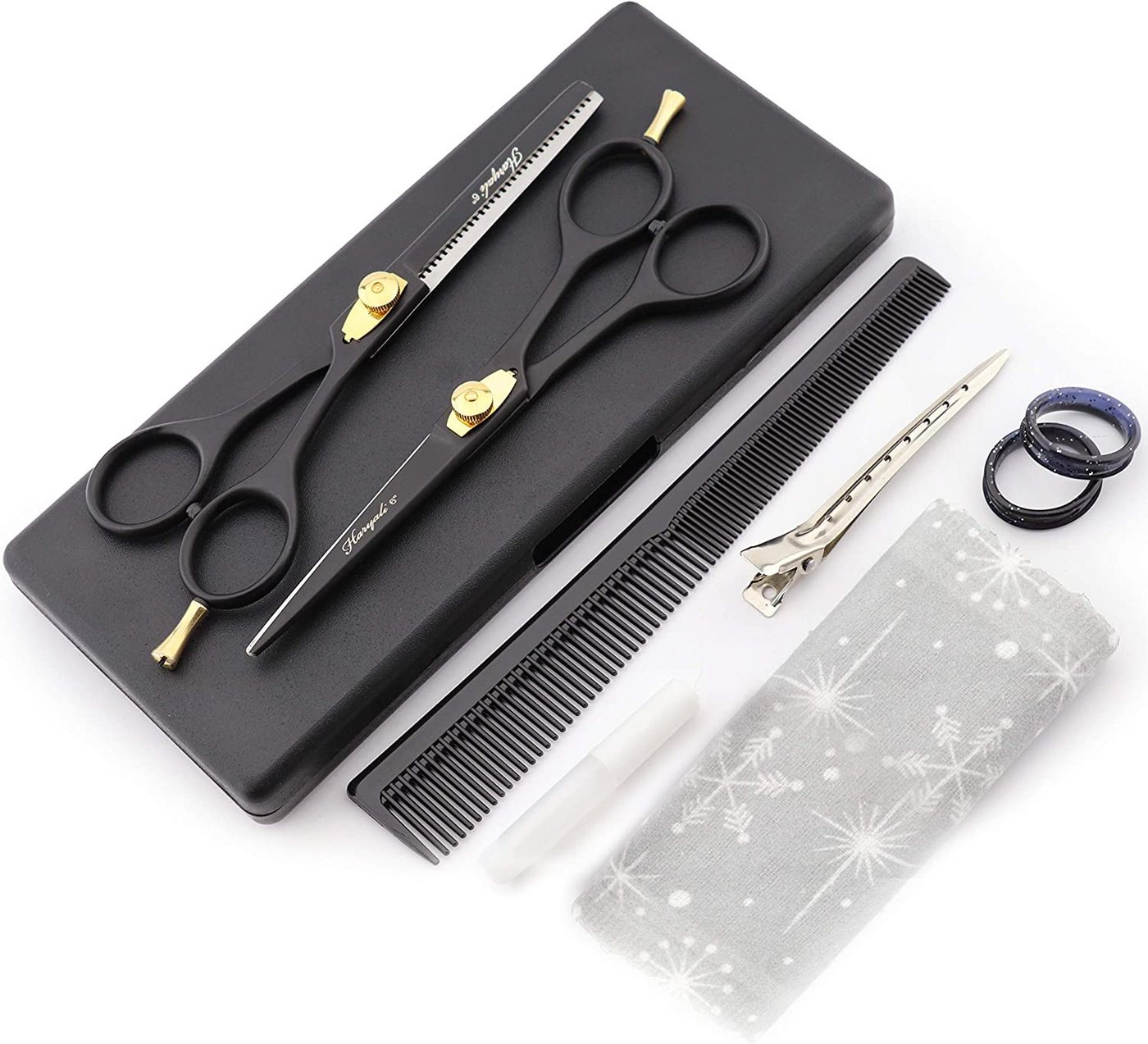 Haryali London Scheren-Set 6-Zoll-Scherenset mit Schneide- und Effilierschere in Schwarzgold, (1 paar, 2-tlg., 1x cutting scissors, 1x Effilierschere, 1x Kamm, 1x Öl, 1x Reinigungstuch), Bestens geeignet für professionelle Friseur- und Kosmetikscheren Bild 2