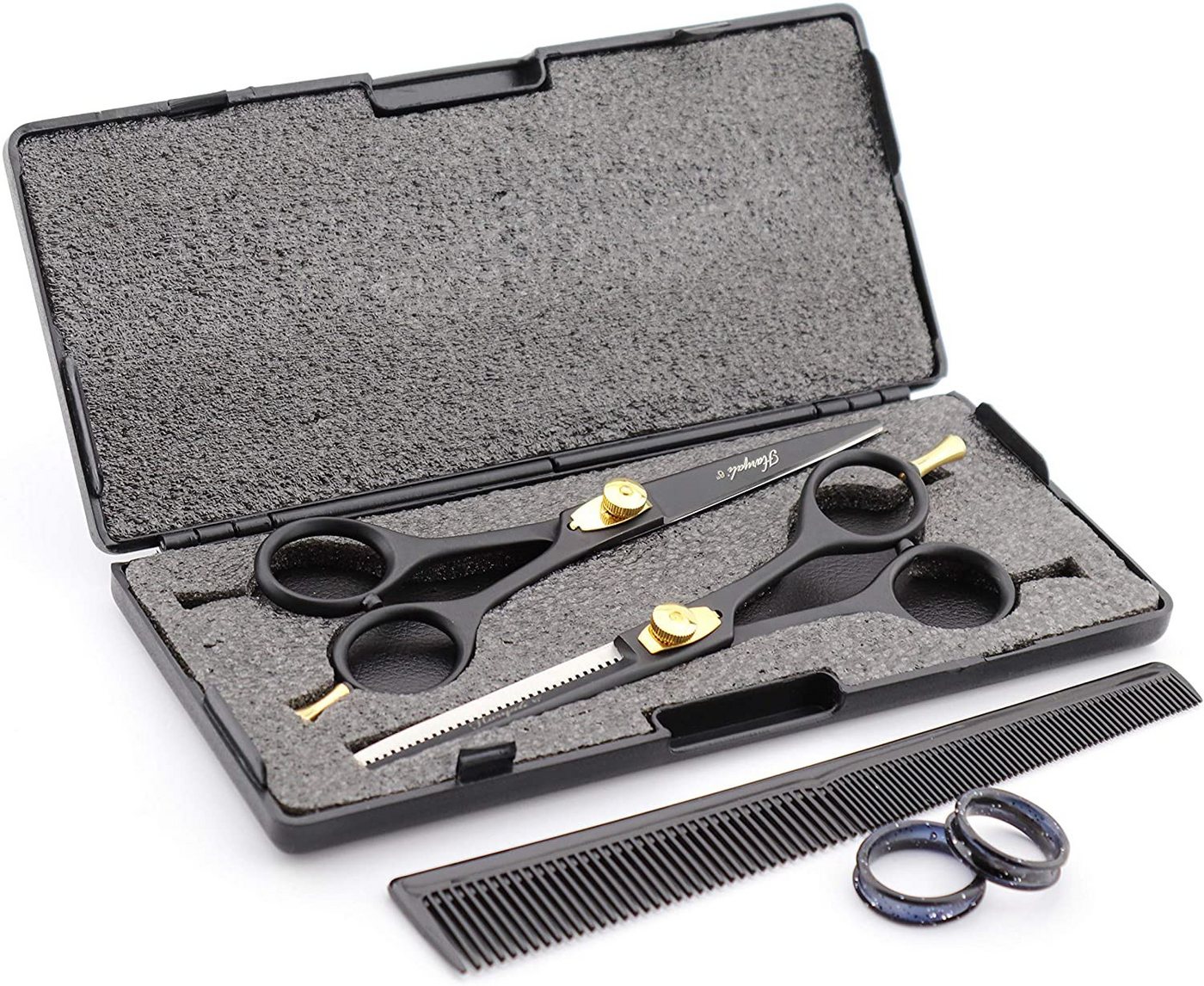 Haryali London Scheren-Set 6-Zoll-Scherenset mit Schneide- und Effilierschere in Schwarzgold, (1 paar, 2-tlg., 1x cutting scissors, 1x Effilierschere, 1x Kamm, 1x Öl, 1x Reinigungstuch), Bestens geeignet für professionelle Friseur- und Kosmetikscheren Bild 3