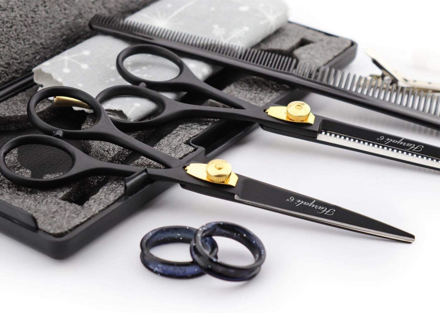Haryali London Scheren-Set 6-Zoll-Scherenset mit Schneide- und Effilierschere in Schwarzgold, (1 paar, 2-tlg., 1x cutting scissors, 1x Effilierschere, 1x Kamm, 1x Öl, 1x Reinigungstuch), Bestens geeignet für professionelle Friseur- und Kosmetikscheren Bild 4