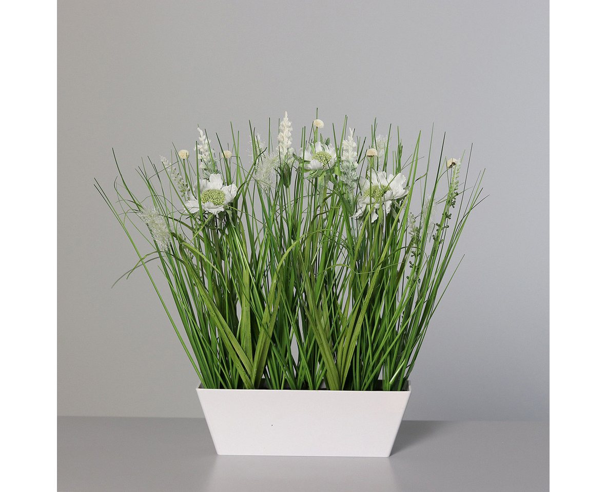 Kunstpflanze künstliches Wiesenblumengras in weißer rechteckiger Kunststoffschale, mucPlants