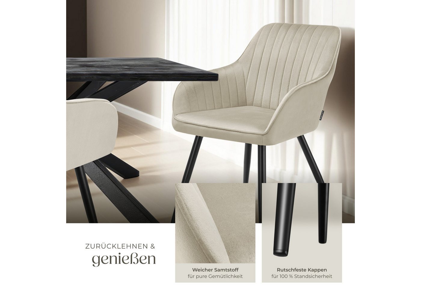 tectake Esszimmerstuhl Polstersessel gepolstert, in Samtoptik, gesteppt, 58 x 62 x 82 cm (Küchenstuhl Marilyn in creme/schwarz, 2 St), durchgehende Lehne, Stahlbeine, bodenschonend, Belastbarkeit 120 kg