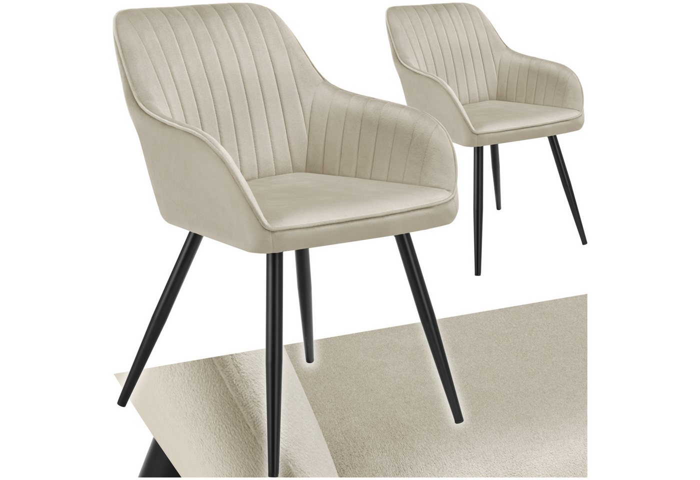 tectake Esszimmerstuhl Polstersessel gepolstert, in Samtoptik, gesteppt, 58 x 62 x 82 cm (Küchenstuhl Marilyn in creme/schwarz, 2 St), durchgehende Lehne, Stahlbeine, bodenschonend, Belastbarkeit 120 kg Bild 2