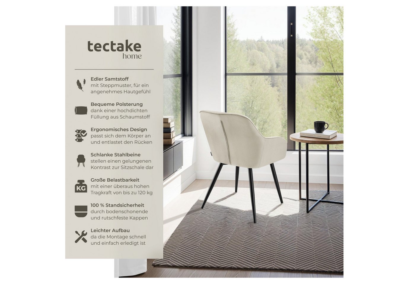 tectake Esszimmerstuhl Polstersessel gepolstert, in Samtoptik, gesteppt, 58 x 62 x 82 cm (Küchenstuhl Marilyn in creme/schwarz, 2 St), durchgehende Lehne, Stahlbeine, bodenschonend, Belastbarkeit 120 kg Bild 3