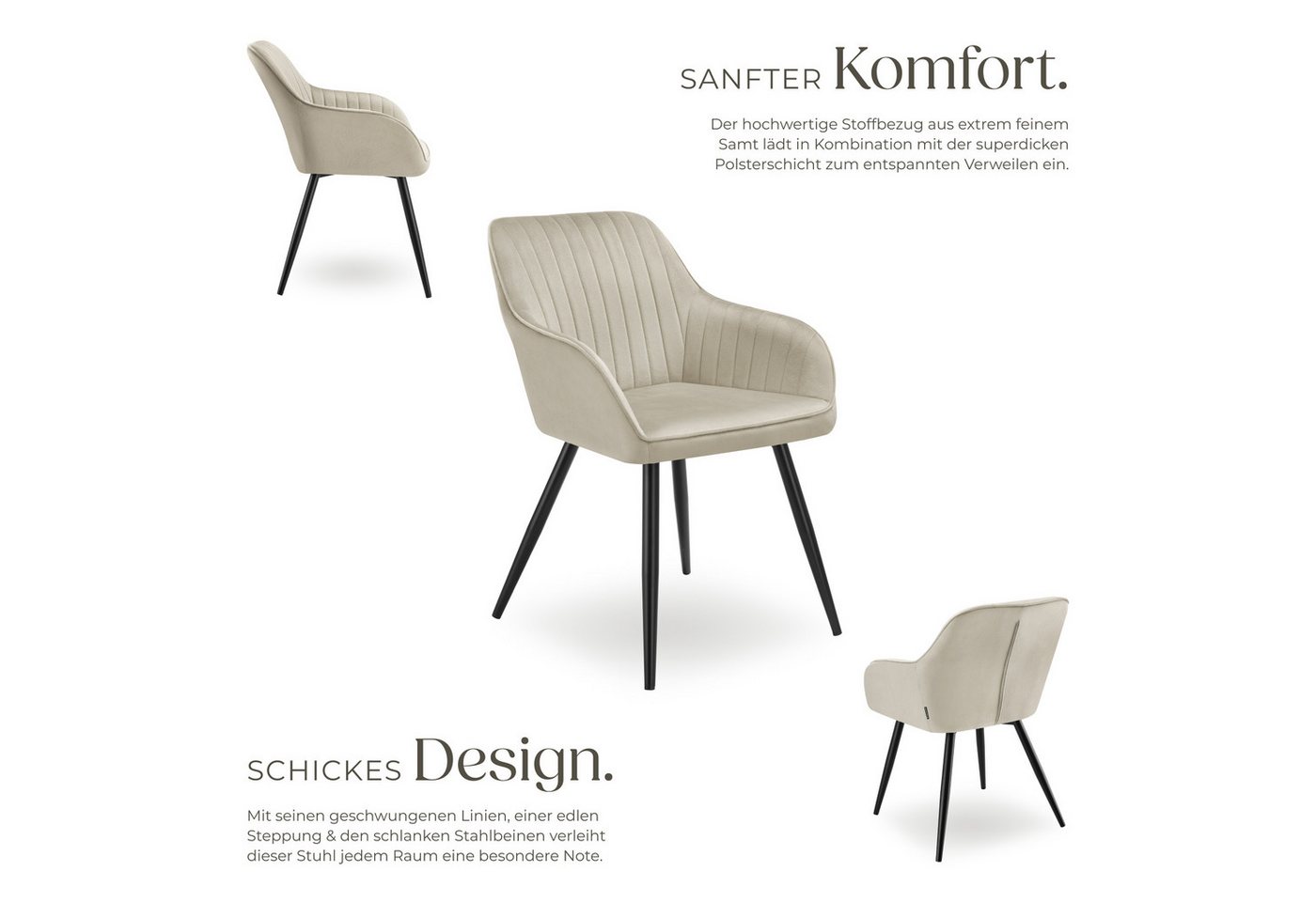 tectake Esszimmerstuhl Polstersessel gepolstert, in Samtoptik, gesteppt, 58 x 62 x 82 cm (Küchenstuhl Marilyn in creme/schwarz, 2 St), durchgehende Lehne, Stahlbeine, bodenschonend, Belastbarkeit 120 kg Bild 4