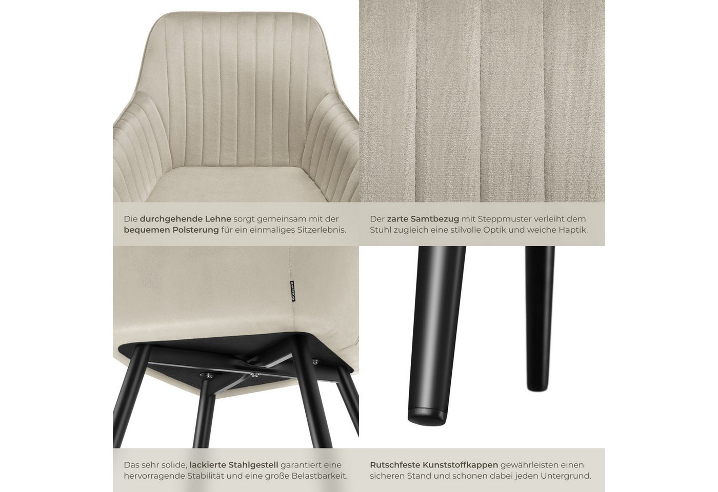 tectake Esszimmerstuhl Polstersessel gepolstert, in Samtoptik, gesteppt, 58 x 62 x 82 cm (Küchenstuhl Marilyn in creme/schwarz, 2 St), durchgehende Lehne, Stahlbeine, bodenschonend, Belastbarkeit 120 kg Bild 5