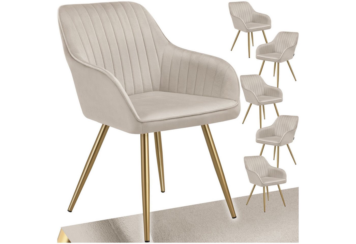 tectake Esszimmerstuhl Polstersessel gepolstert, in Samtoptik, gesteppt, 58 x 62 x 82 cm (Küchenstuhl Marilyn in taupe/gold, 6 St), schlanke, goldene Stahlbeine, bodenschonend, Belastbarkeit 120 kg
