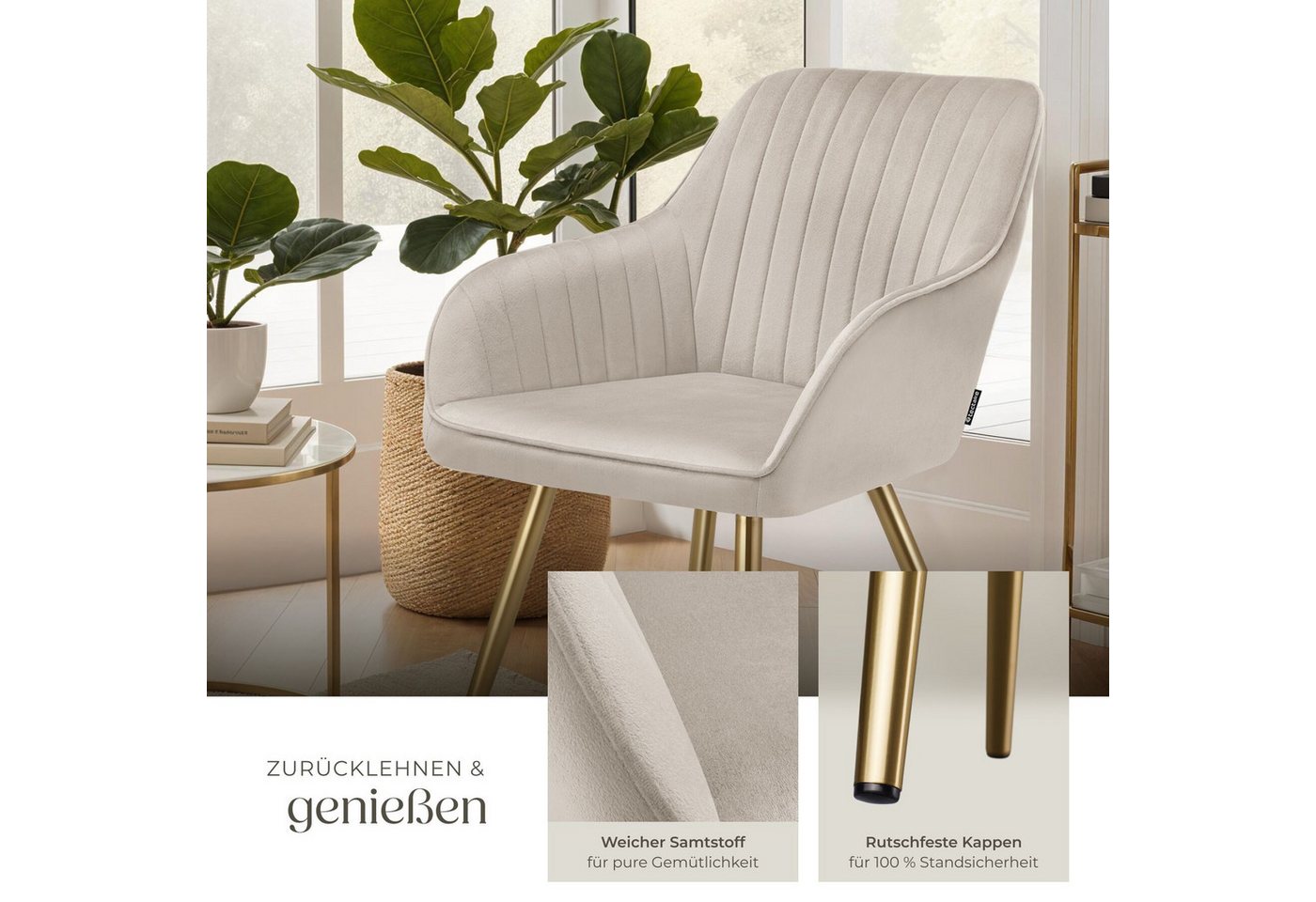 tectake Esszimmerstuhl Polstersessel gepolstert, in Samtoptik, gesteppt, 58 x 62 x 82 cm (Küchenstuhl Marilyn in taupe/gold, 6 St), schlanke, goldene Stahlbeine, bodenschonend, Belastbarkeit 120 kg Bild 2