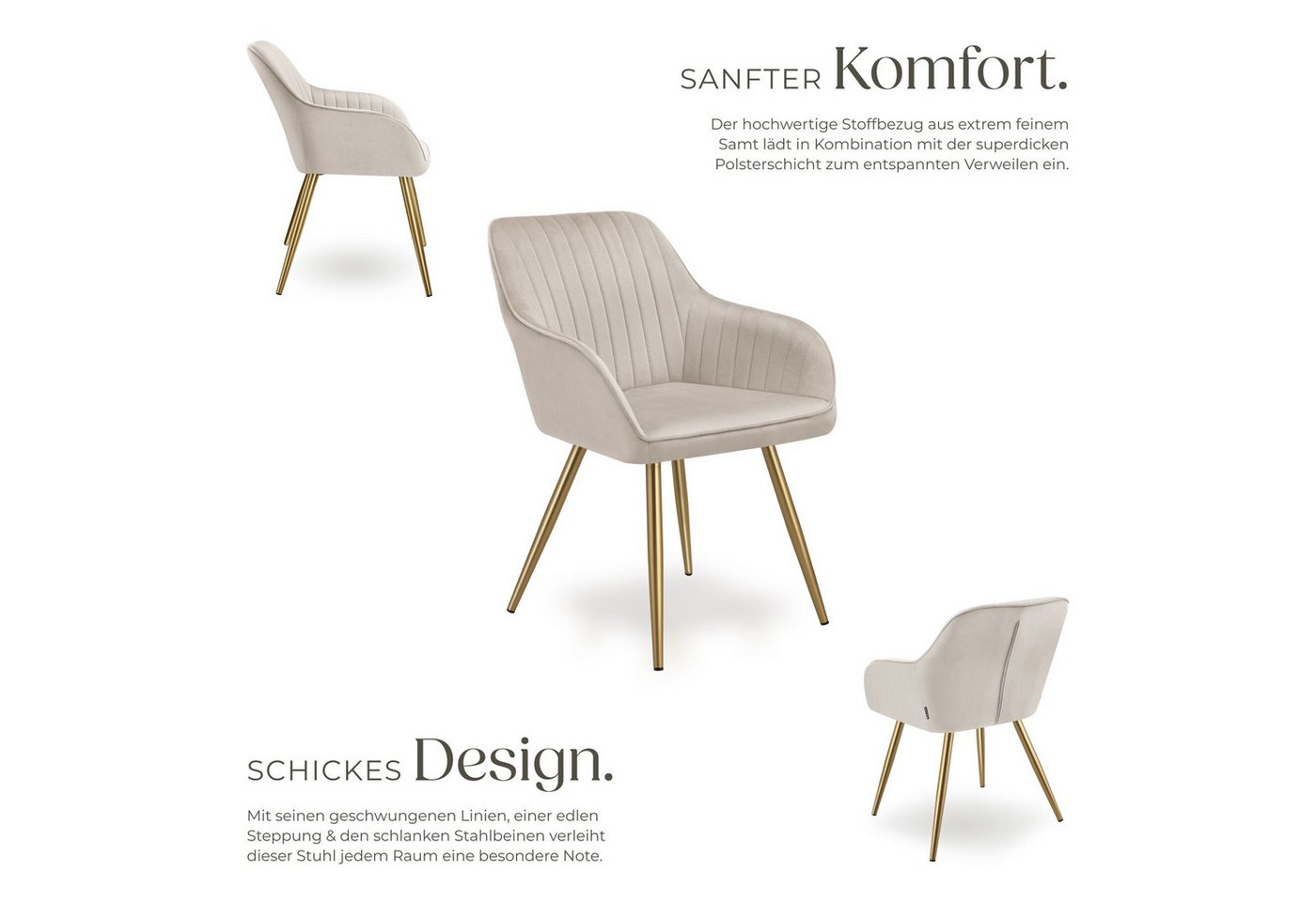 tectake Esszimmerstuhl Polstersessel gepolstert, in Samtoptik, gesteppt, 58 x 62 x 82 cm (Küchenstuhl Marilyn in taupe/gold, 6 St), schlanke, goldene Stahlbeine, bodenschonend, Belastbarkeit 120 kg Bild 3