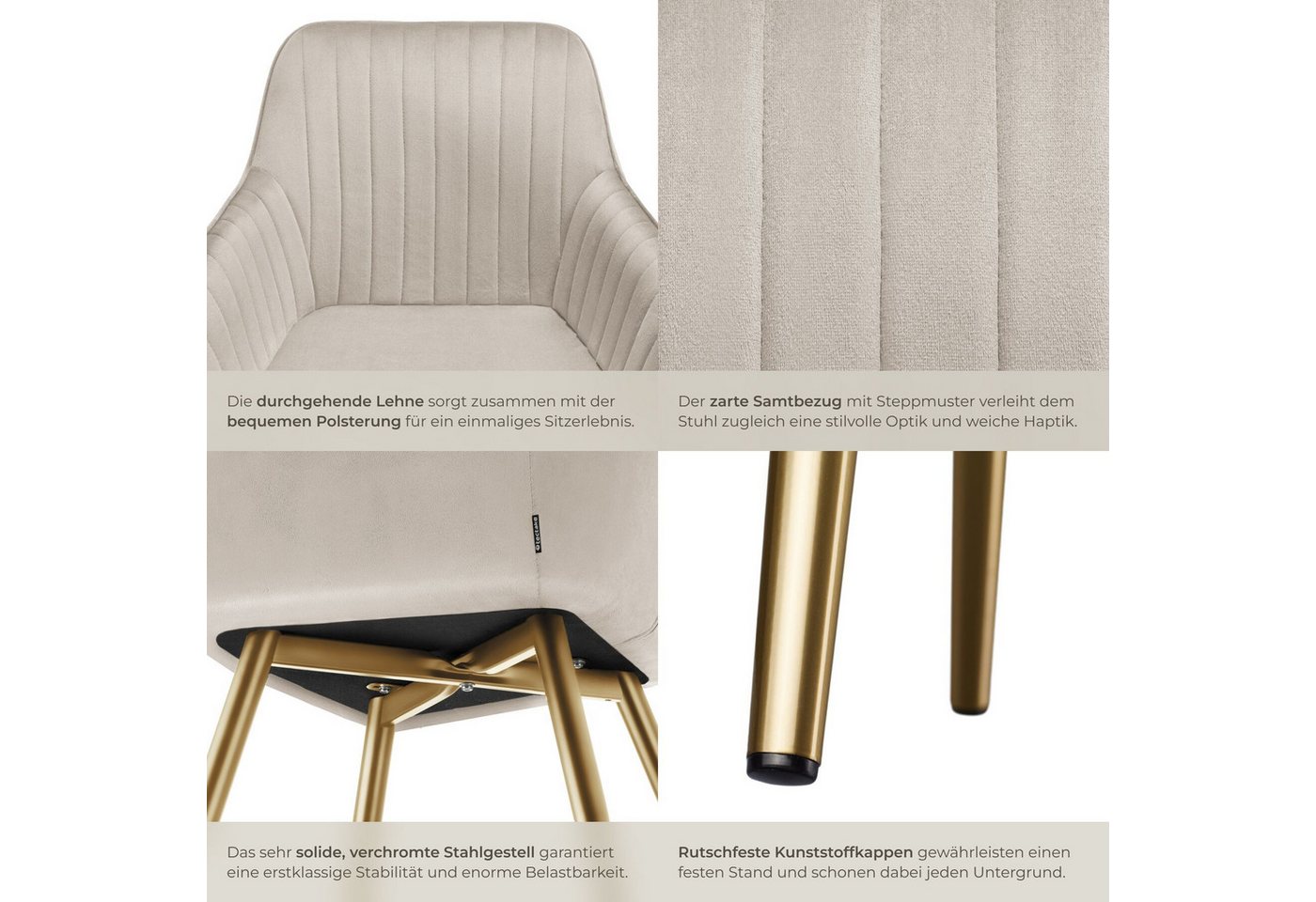 tectake Esszimmerstuhl Polstersessel gepolstert, in Samtoptik, gesteppt, 58 x 62 x 82 cm (Küchenstuhl Marilyn in taupe/gold, 6 St), schlanke, goldene Stahlbeine, bodenschonend, Belastbarkeit 120 kg Bild 4