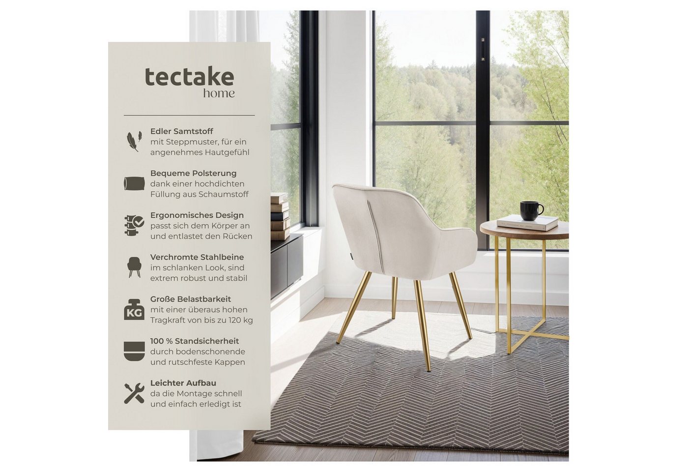 tectake Esszimmerstuhl Polstersessel gepolstert, in Samtoptik, gesteppt, 58 x 62 x 82 cm (Küchenstuhl Marilyn in taupe/gold, 6 St), schlanke, goldene Stahlbeine, bodenschonend, Belastbarkeit 120 kg Bild 5