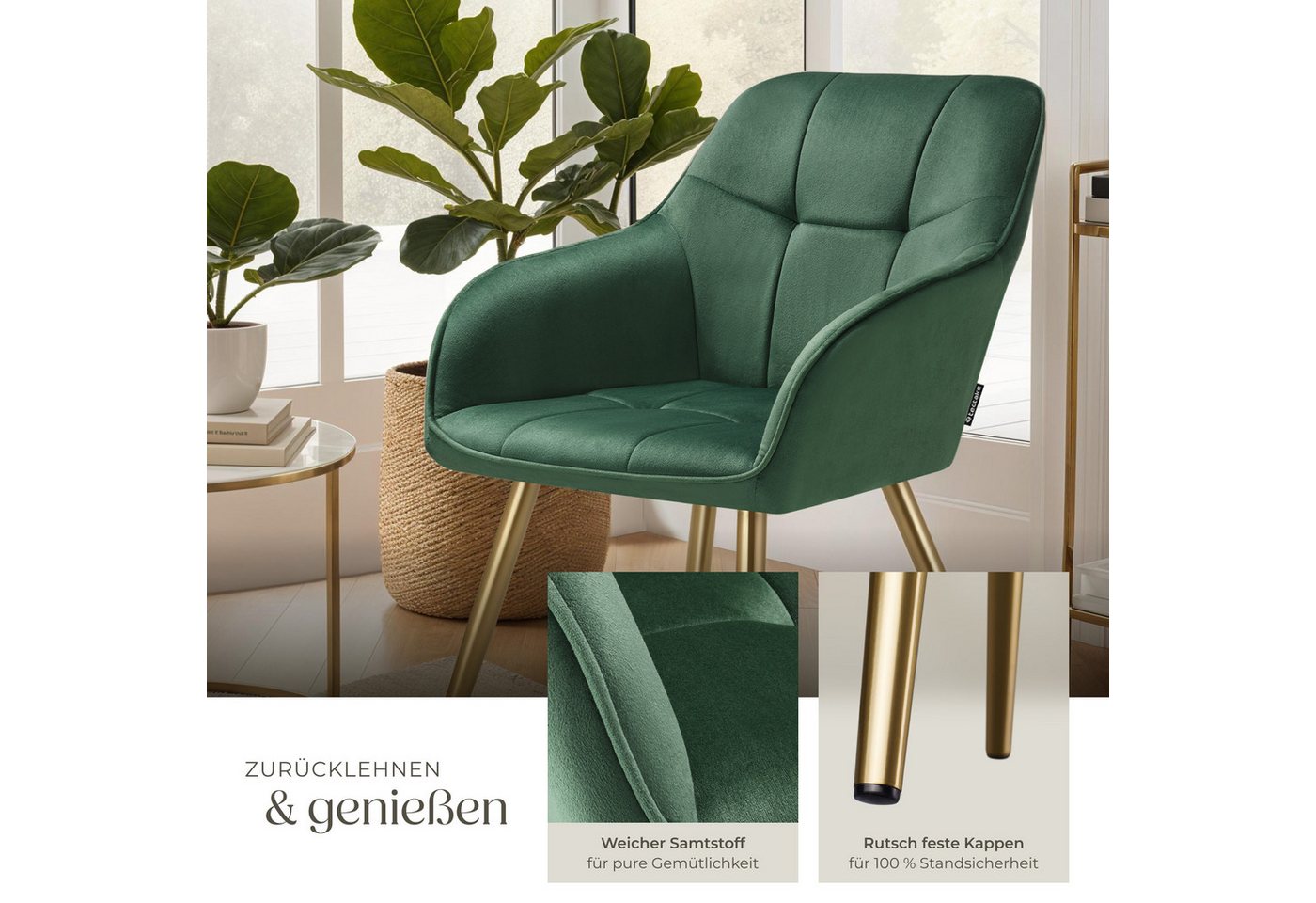 tectake Esszimmerstuhl Polstersessel gepolstert, in Samtoptik, gesteppt, 58 x 62 x 82 cm (Küchenstuhl Marilyn in dunkelgrün/gold, 2 St), schlanke, goldene Stahlbeine, bodenschonend, Belastbarkeit 120 kg Bild 3