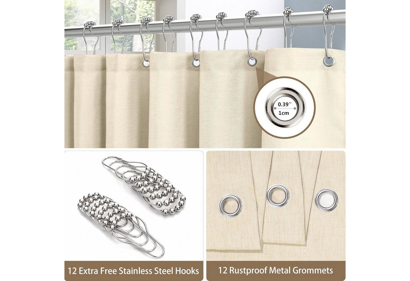 LuxusKollektion Duschvorhang Duschvorhang Leinen mit Metall Duschvorhangringe 182x214cm Beige