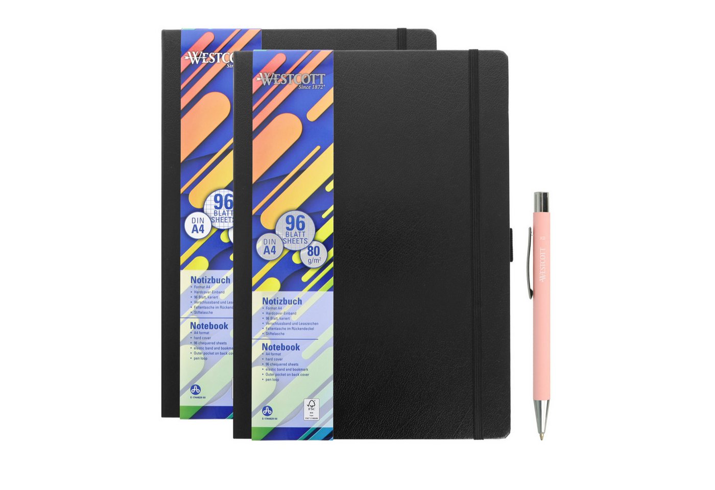WESTCOTT Notizbuch DIN A4 kariert (2er-Set) inkl. PRIMESOFT Kugelschreiber, 80 g/m² FSC, Innentasche, Lesezeichen, Gummizug, Stifthalter Bild 4