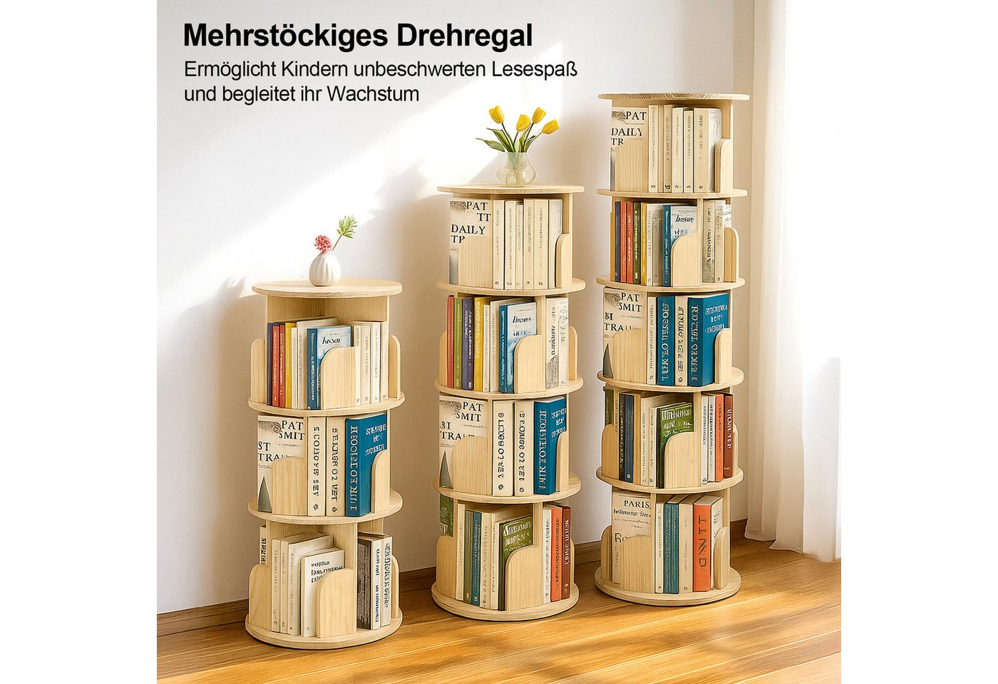 Youyijia Bücherregal 3/4/5-stöckig, Drehregal aus Kiefernholz Naturholzfarbe Bild 2