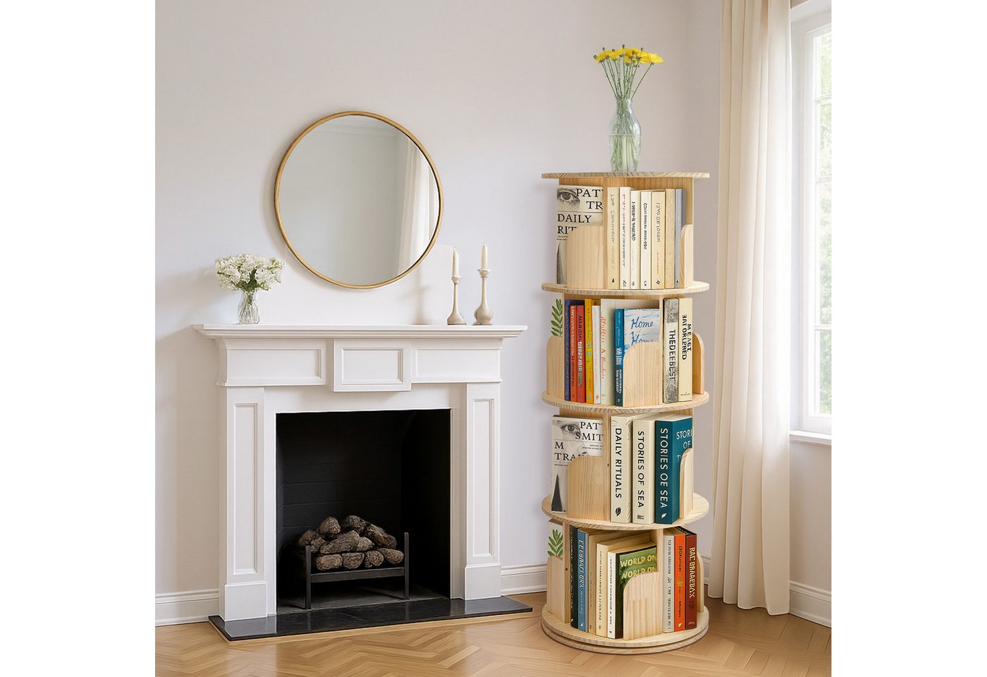 Youyijia Bücherregal 3/4/5-stöckig, Drehregal aus Kiefernholz Naturholzfarbe Bild 4
