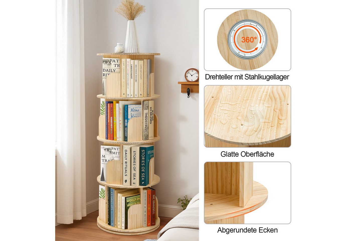 Youyijia Bücherregal 3/4/5-stöckig, Drehregal aus Kiefernholz Naturholzfarbe Bild 5