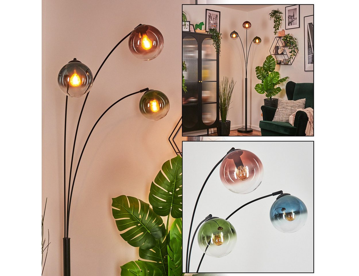 hofstein Stehlampe Stehlampe aus Metall/Glas in Schwarz/Blau/Grün/Kupfer/Klar, verstellbare Stehleuchte im Vintage-Design, Fußschalter, 210 cm, 3xE14