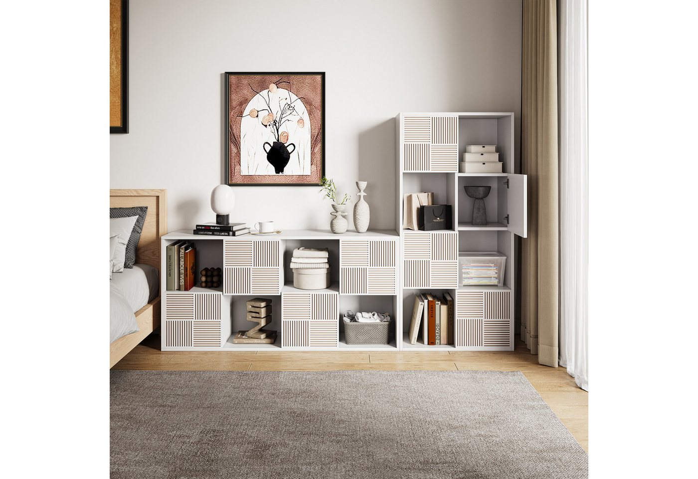 FUROKOY Bücherregal Bücherschrank mit 4 Türen 8 Fächern, für Arbeitszimmer Schlafzimmer Wohnzimmer, 125 x 30 x 60 cm
