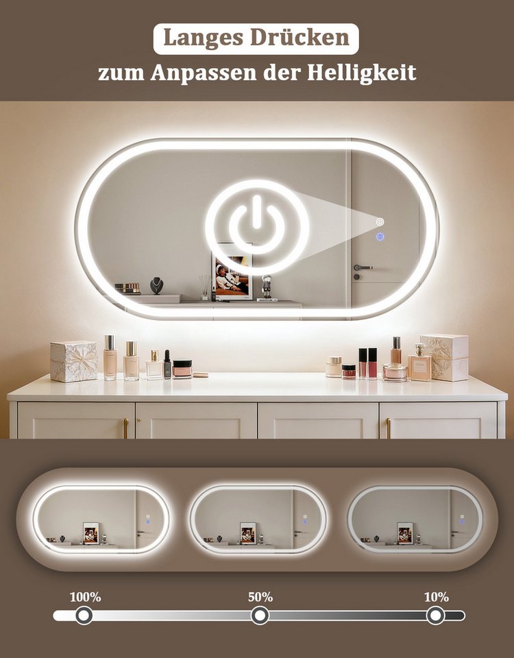 ZMH Badspiegel Spiegel Oval Badspiegel mit Beleuchtung - LED Badezimmerspiegel (1x Badspiegelleuchte), Wandspiegel Badezimmer mit Touch-Schalter Entfogger-Funktion Dimmbar Bild 2