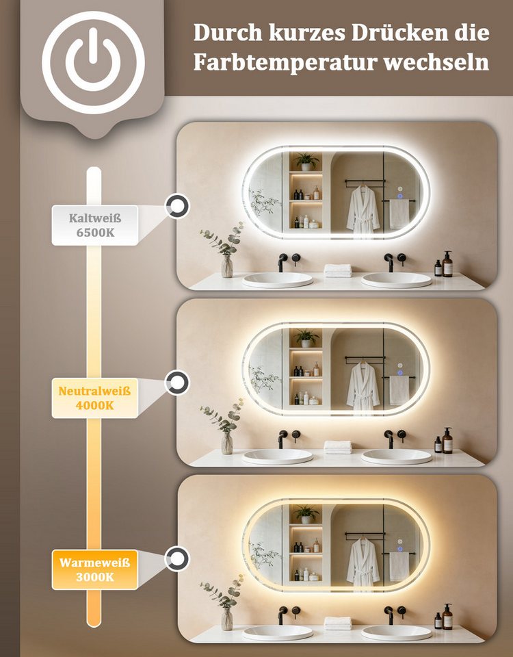 ZMH Badspiegel Spiegel Oval Badspiegel mit Beleuchtung - LED Badezimmerspiegel (1x Badspiegelleuchte), Wandspiegel Badezimmer mit Touch-Schalter Entfogger-Funktion Dimmbar Bild 3