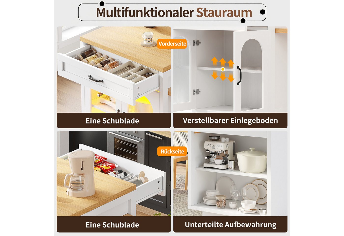 i@home Kücheninsel Ausziehbare Kücheninsel mit LED-Beleuchtung, (Moderner Küchenschrank mit 2 Schubladen), MDF-Küchenarbeitsplatte für Essbereich, Verstellbare Einlegeböden
