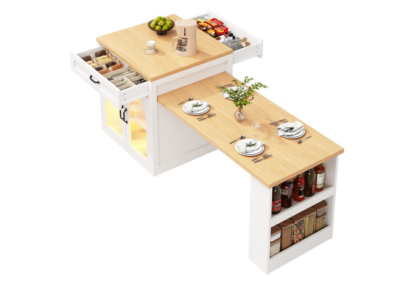 i@home Kücheninsel Ausziehbare Kücheninsel mit LED-Beleuchtung, (Moderner Küchenschrank mit 2 Schubladen), MDF-Küchenarbeitsplatte für Essbereich, Verstellbare Einlegeböden Bild 2