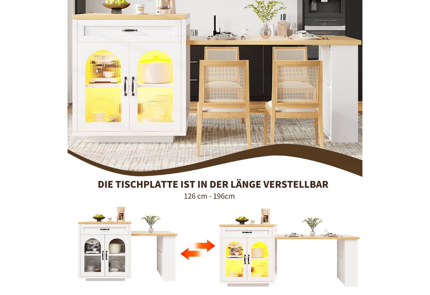 i@home Kücheninsel Ausziehbare Kücheninsel mit LED-Beleuchtung, (Moderner Küchenschrank mit 2 Schubladen), MDF-Küchenarbeitsplatte für Essbereich, Verstellbare Einlegeböden Bild 4