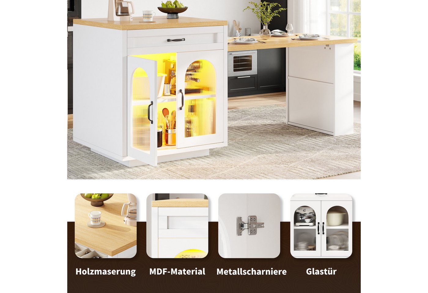 i@home Kücheninsel Ausziehbare Kücheninsel mit LED-Beleuchtung, (Moderner Küchenschrank mit 2 Schubladen), MDF-Küchenarbeitsplatte für Essbereich, Verstellbare Einlegeböden Bild 5