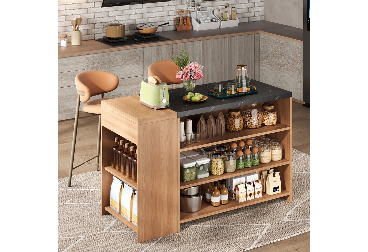 Flieks Kücheninsel mit schwarze Arbeitsplatte in Marmoroptik, Schublade und 5 Fächern, (140×60×90 cm), Küchenschrank Mehrzweckschrank Küchenbuffet Holzoptik in Landhausstil