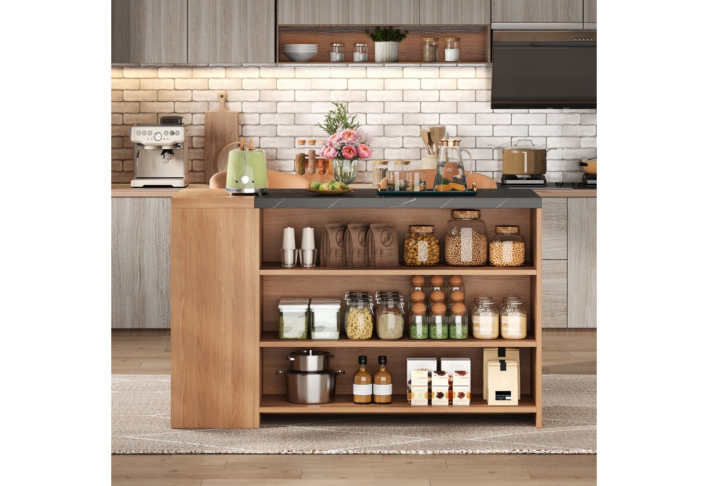 Flieks Kücheninsel mit schwarze Arbeitsplatte in Marmoroptik, Schublade und 5 Fächern, (140×60×90 cm), Küchenschrank Mehrzweckschrank Küchenbuffet Holzoptik in Landhausstil Bild 2